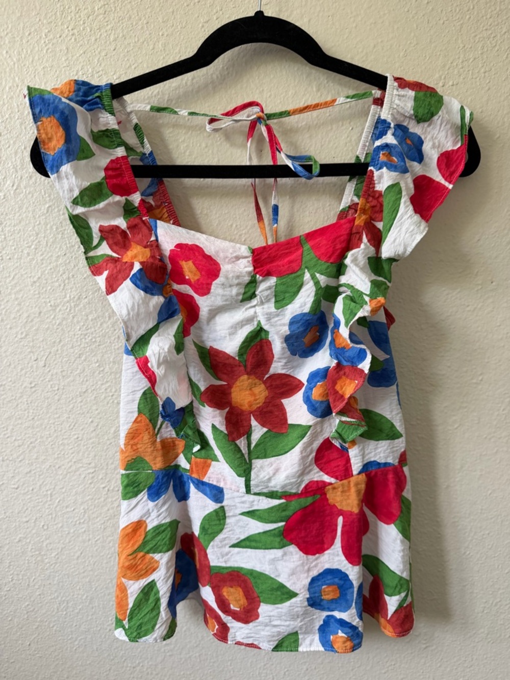 Skies Are Blue Floral Ruffle Flutter Sleeve Square Neck Peplum Tie Top S